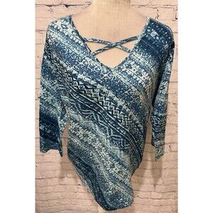 NWOT Collections Etc. Womens Blue Printed Long Sleeve Top 100% Cotton Size Large